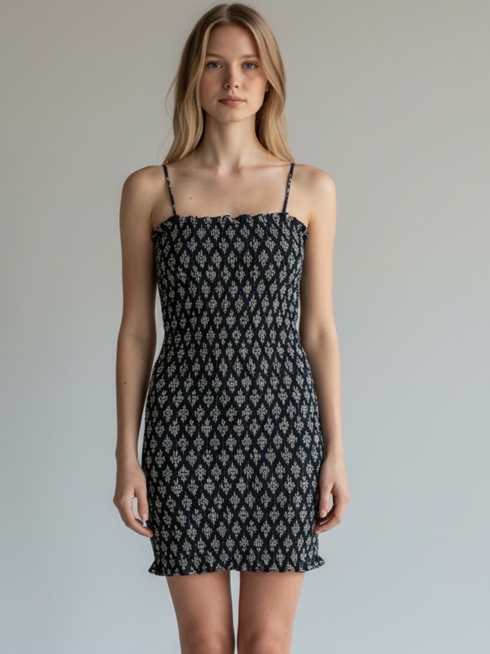 Smocked Spaghetti Strap Mini Dress in Navy Floral
